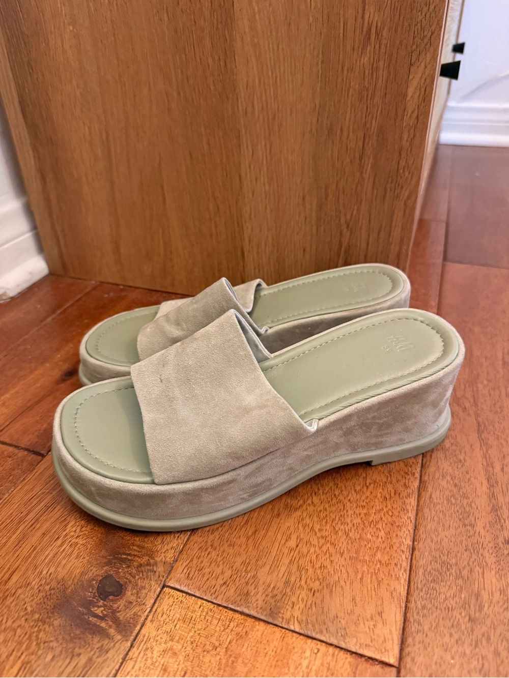 Women’s Sage Green Platform Slide Sandals - Soft Genuine Suede Upper Mules